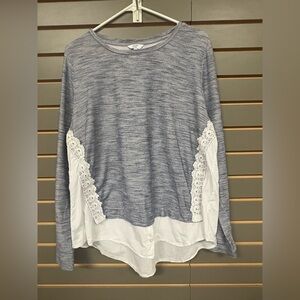 Crown & Ivy Blue and White Long Sleeve Top with Lace